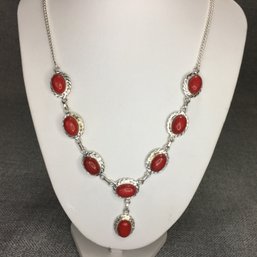 Lovely Brand New 925 / Sterling Silver And Coral Drop Necklace - Very Pretty Piece - Great Gift Idea !
