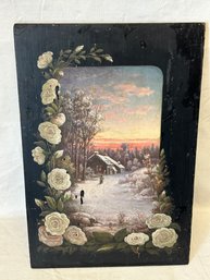 Antique LEMUEL L. LOWELL Oil Painting On Wood Panel- Winter Cabin In The Woods