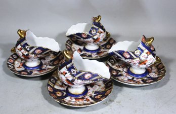 Four Vintage Imari Pattern Coal Hod Shaped Cups And Saucers Fine Porcelain