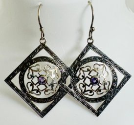 PRETTY STERLING SILVER AND AMETHYST MANDALA DANGLE EARRINGS