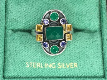 Wonderful Vintage Sterling Silver / 925 Ring With Emerald, Tanzanite & Yellow Topaz - Lovely Vintage Ring