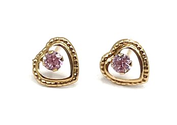 Vintage Sterling Silver Vermeil Pink Stone Heart Stud Earrings