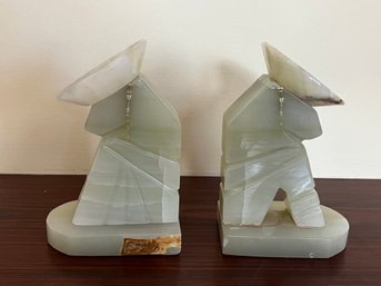 Vintage Carved Pale Green Onyx Bookends - Siesta Time Men In Sombreros