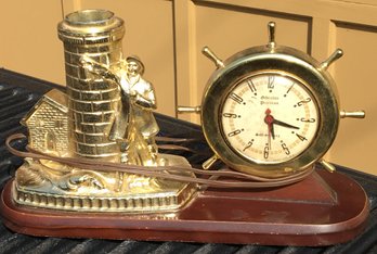 Mcm Vintage Brass Gibraltar Maritime Lighthouse Tabletop Clock & Light / Lamp