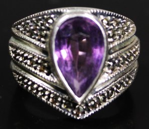 Large Sterling Silver Marcasite And Amethyst Stone Ladies Ring Size 7