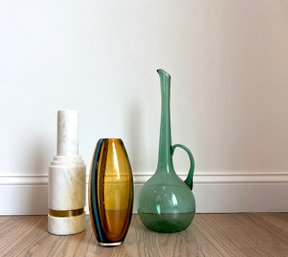 Trio Of Art Glass And Marble Vessels And Vases