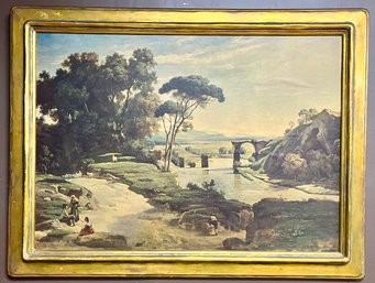 Large Vintage Antique Print - The Bridge At Narni Jean-Baptiste-Camille Corot - Frame 32 X 42