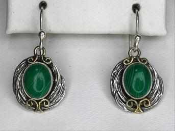 Wonderful 925 / Sterling Silver Earrings With Highly Polished Malachite - Lovely Design - Very Pretty Pair !