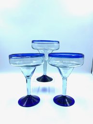 Trio Of Handblown Cobalt Rim Margarita Glasses