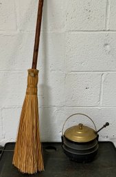 Antique Cast Iron Brass Fire Lighter Cauldron W/Pumice Wand & Handmade Fireplace Broom