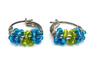 Vintage Sterling Silver Blue And Green Beaded Hoop Earrings