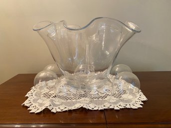 Large Ruffled Glass Punch Bowl With Ladle