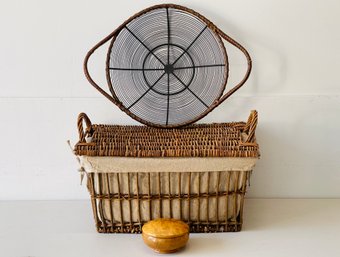 Artisan Turned Burl Round Wood Trinket Box W/Lid, Wicker Picnic Hamper Basket And A Wire Handled Basket