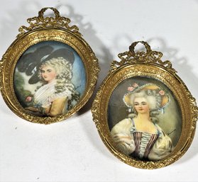 1920's  Gilt Framed French Miniature Portraits Ladies In Large Hats Artist Signed