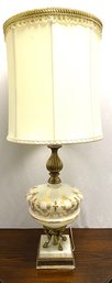 Vintage 22KT Gold Hand-decorated Glass Lamp W/ Brass & Marble Base (inc. Shade)