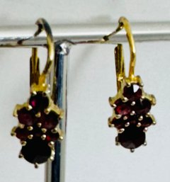 VINTAGE GOLD GILT 800 SILVER FACETED GARNET LEVERBACK EARRINGS