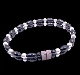 Hematite And Pearl Style Beaded Two Stranded Magnetic Closure Bracelet