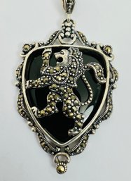 VINTAGE STERLING SILVER MARCASITE AND ONYX LION SHIELD CREST PENDANT