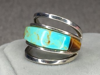 Very Pretty Vintage Sterling Silver / 925 Turquoise & Tiger Eye Ring - Unusual Modern Design - Very Pretty !