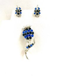 Vintage Silvertone & Rhinestone Thistle Brooch & Earring Set