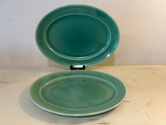 Vintage Homer Laughlin Wells Art Glazes Green Oval Platters- Set Of 2