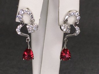 Wonderful Brand New 925 / Sterling Silver Earrings With Sparkling White Topaz And Garnets - BRAND NEW !