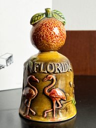 Vintage 1950's Florida Ceramic Tourist Souvenir Bell With An Orange & Flamingo