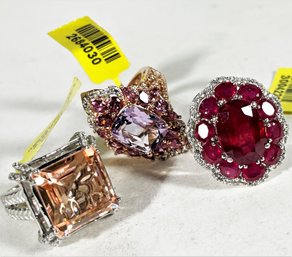 Three Sterling Silver Cocktail Rings Having Spinel, Amethyst And Ruby And Diamond Sizes 5, 5.5 And 7 - 34.9 G