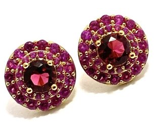 Solid 925 Sterling Silver W/ 18KT Gold Overlay & 3.0 CTW Created Ruby Earrings