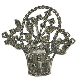 Sterling Silver Flower Basket Brooch Having Marcasite Stones