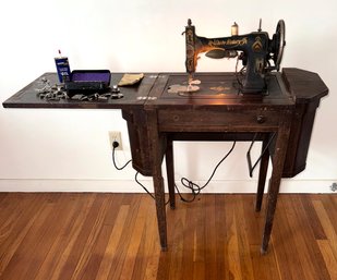 Antique White Sewing Machine In Martha Washington Model Cabinet With Accessories Incl. Empty Machine Oil Can