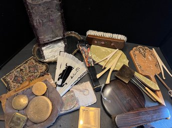 Vintage Vanity Lot Compacts, Mirrors, Glove Stretchers, Dresser Set