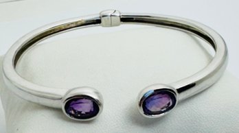 SIGNED FP STERLING SILVER FACETED AMETHYST HINGED BRACELET