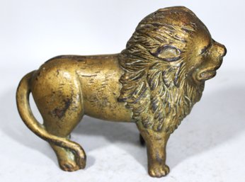 Antique Cast Iron Gold Painted Still Bank Of Standing Lion, Large Size