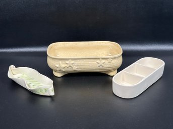 A Grouping Of Compatible Ceramics: Vintage Planter, Sectioned Dish & Studio Pottery Olive Dish