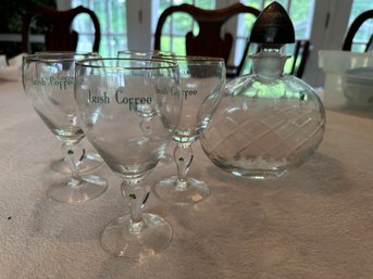 Crystal Decanter W/ Silverplate Stopper And Set Of 5 Irish Coffee Glasses Gold Rimmed