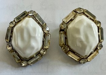 SIGNED CORO RHINESTONE WHITE CENTER CLIP-ON EARRINGS