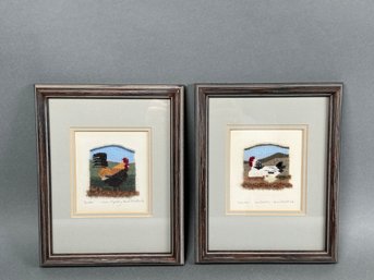 Woven Tapestry 'Mother Hen' & 'Rooster' Framed Art By Ann Mitchell Reid