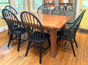 A Vintage Oak Farm Table And Set Of 6 Windsor Chairs