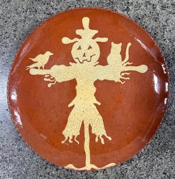 Pumpkin Head Scarecrow Redware Plate, Turtle Creek Pottery, Signed