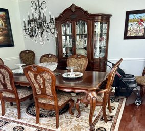 Carved Wood Dining Table, Set Of Six Dining Chairs And One Leaf