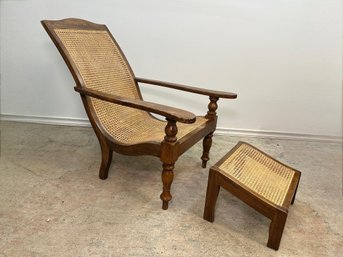Vintage Anglo India British Colonial Cane Plantation Lounge Chair With Ottoman