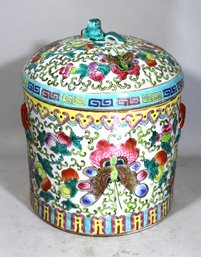 Chinese Rose Famille Lidded Porcelain Hand Painted Cylindrical Vessel Butterflies