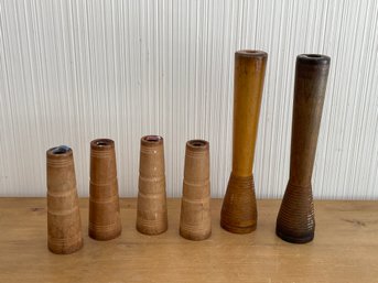 Lot Of 6 Antique Spools Used As Candlesticks