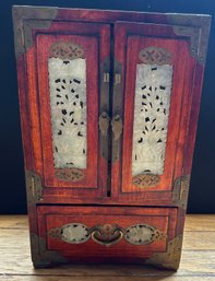 Vintage Chinese Jade And Wood Jewelry Box With Several Drawers