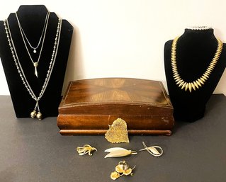 Wood Jewelry Box With Four Necklaces, Four Pins/brooch, Faux Pearl Bracelet And Gold? Dipped Leaf Pendant