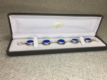 Beautiful 925 / Sterling Silver Toggle Bracelet With Royal Blue Quartz - Very Pretty Bracelet - Brand New !