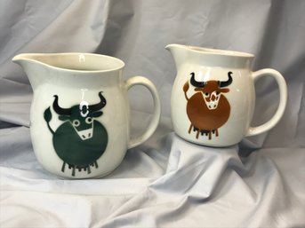 Two Great Vintage MCM / Midcentury ARABIA Bull Pitchers / Jugs By KAJ FRANCK - Made In Finland - NICE !