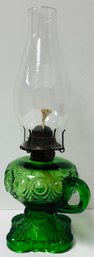 Vintage Antique Old Kerosene Oil Lamp - Pressed Green Glass - 4 Inch Square Base X 14 Inches H