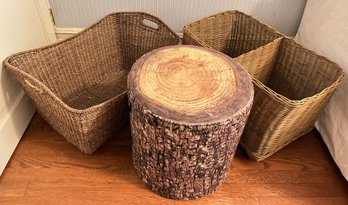 2 Large Baskets, 1 On Casters & Faux Log Stool By MeroWings